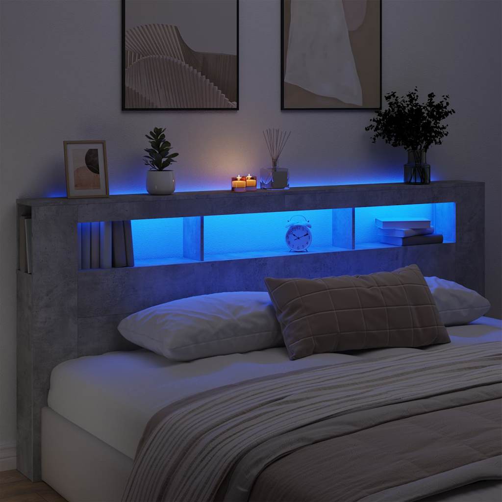 betonszürke szerelt fa LED-es fejtámla 220x18,5x103,5 cm