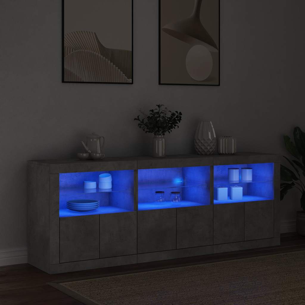 betonszürke tálalószekrény LED-világítással 181,5x37x67 cm