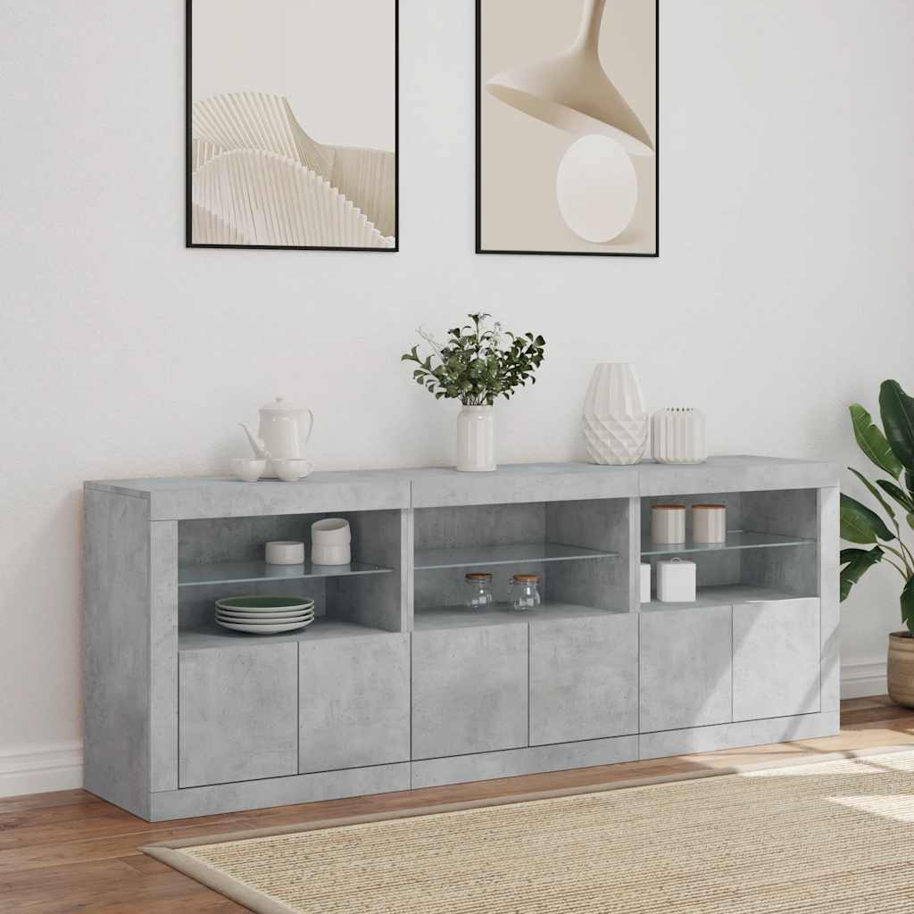 betonszürke tálalószekrény LED-világítással 181,5x37x67 cm