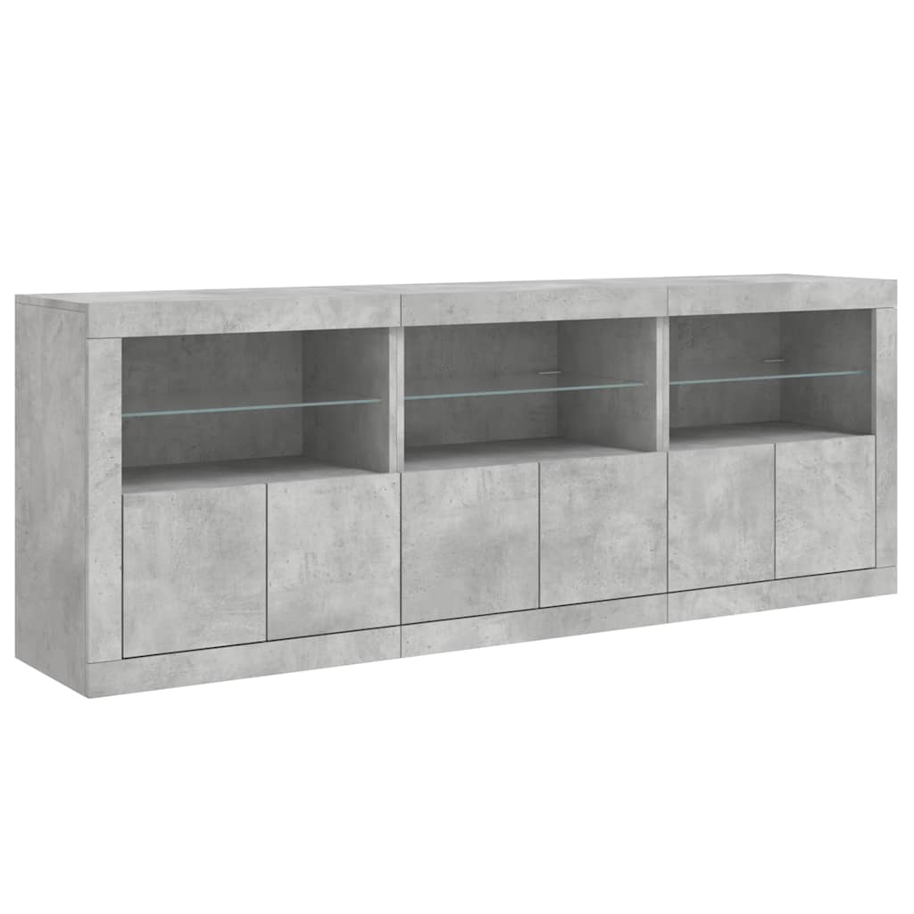 betonszürke tálalószekrény LED-világítással 181,5x37x67 cm