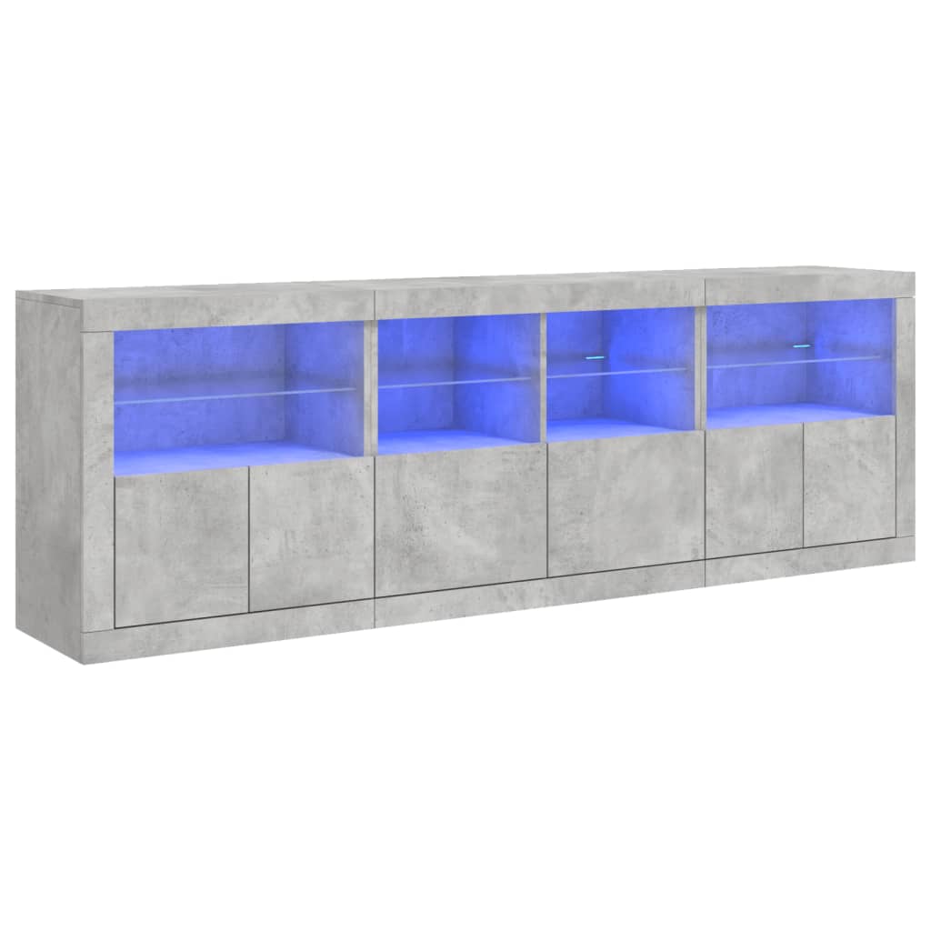 betonszürke tálalószekrény LED-világítással 202x37x67 cm