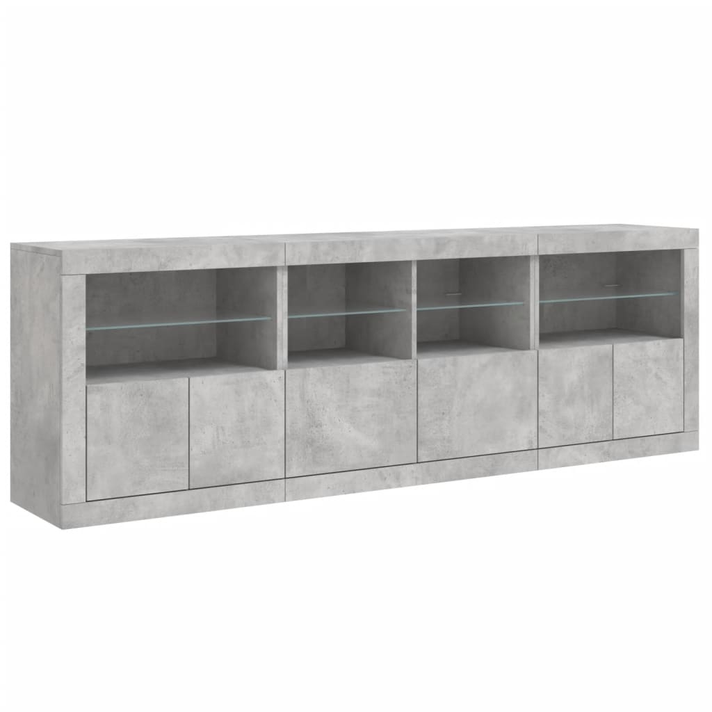 betonszürke tálalószekrény LED-világítással 202x37x67 cm