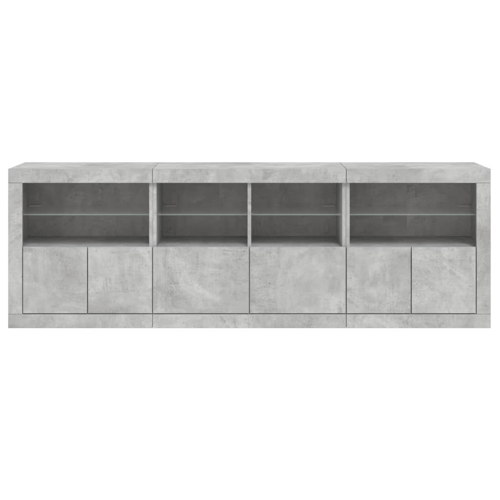 betonszürke tálalószekrény LED-világítással 202x37x67 cm