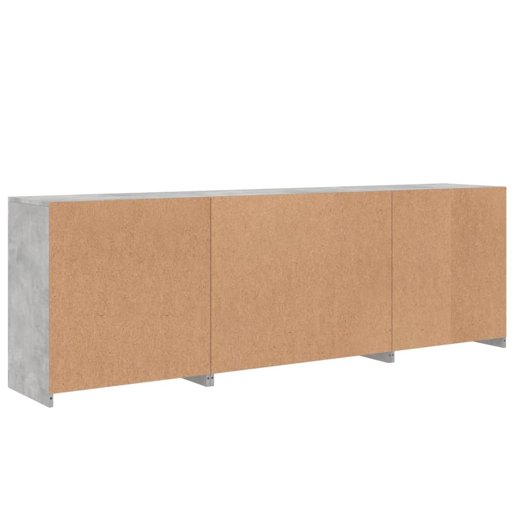 betonszürke tálalószekrény LED-világítással 202x37x67 cm