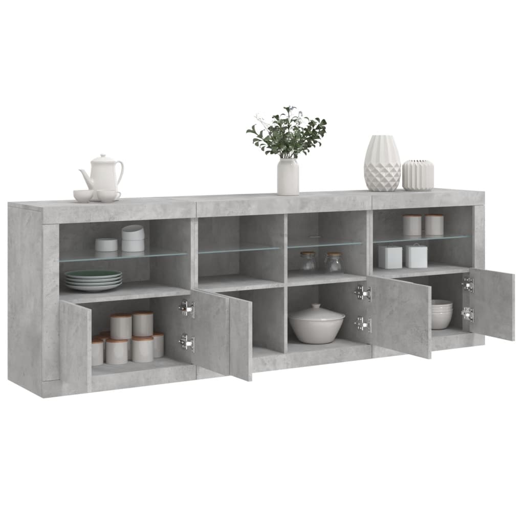 betonszürke tálalószekrény LED-világítással 202x37x67 cm