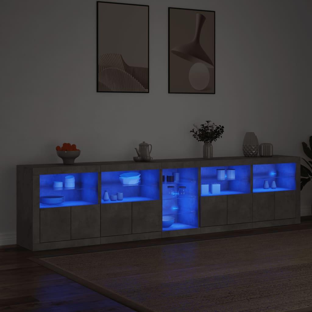 betonszürke tálalószekrény LED-világítással 283x37x67 cm