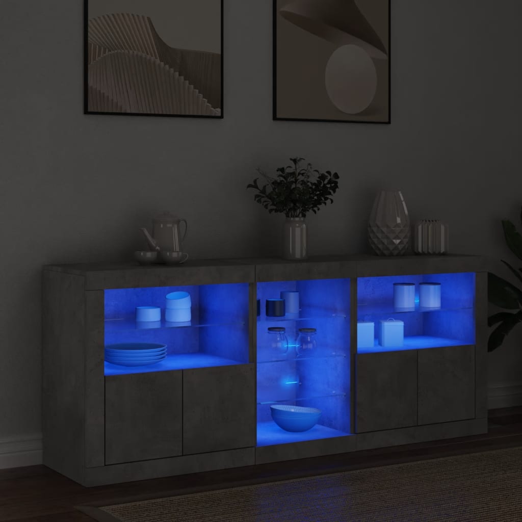 betonszürke tálalószekrény LED-világítással 162 x 37 x 67 cm
