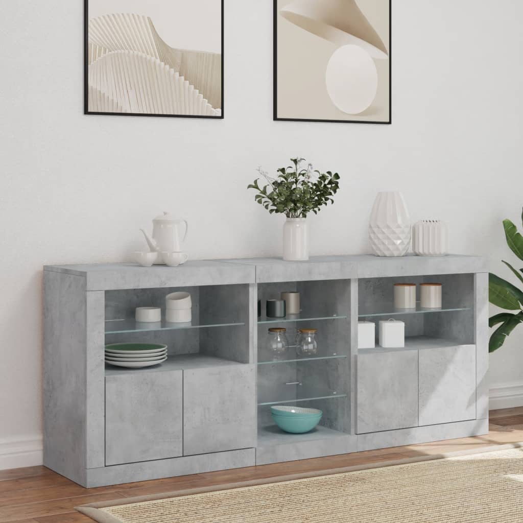 betonszürke tálalószekrény LED-világítással 162 x 37 x 67 cm