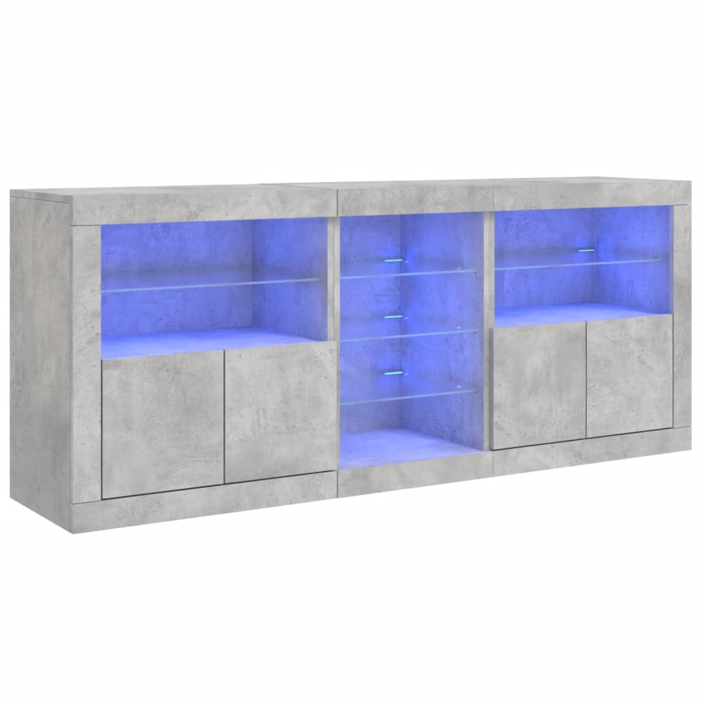 betonszürke tálalószekrény LED-világítással 181,5x37x67 cm
