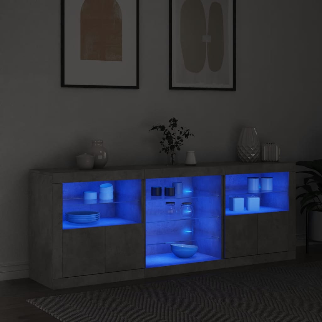 betonszürke tálalószekrény LED-világítással 181,5x37x67 cm