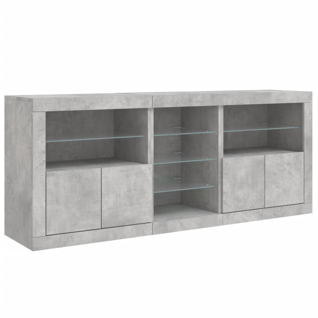 betonszürke tálalószekrény LED-világítással 181,5x37x67 cm