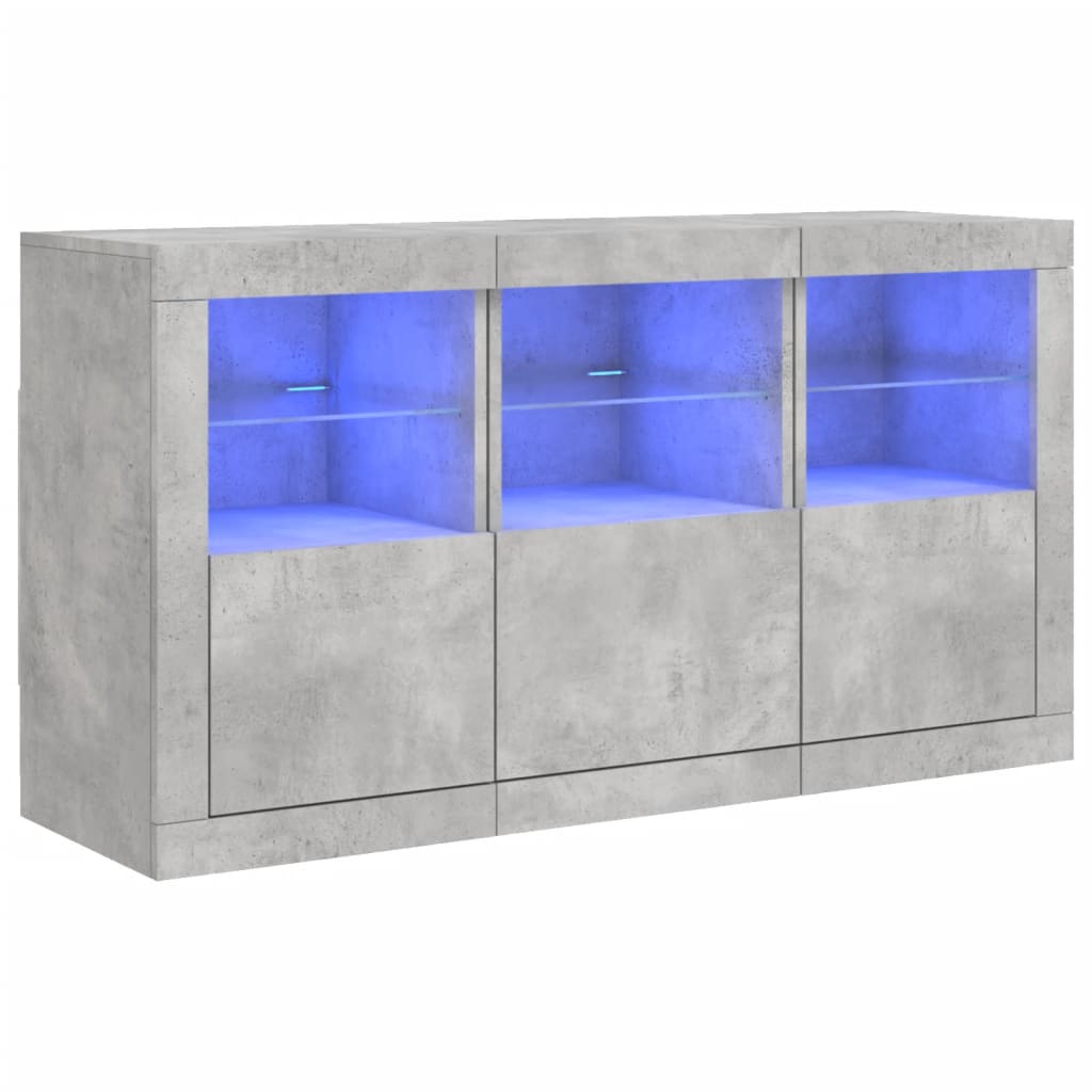 betonszürke tálalószekrény LED-világítással 123 x 37 x 67 cm