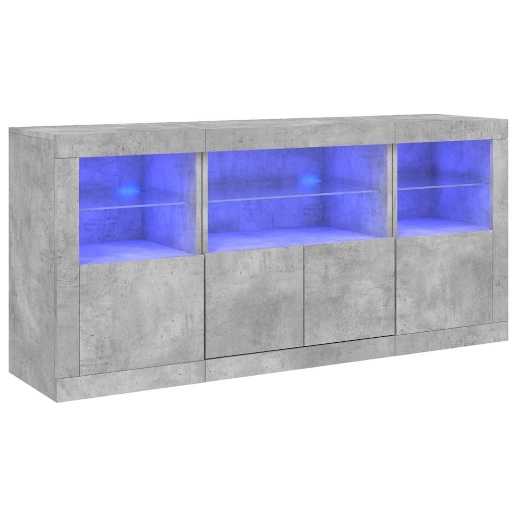 betonszürke tálalószekrény LED-világítással 142,5 x 37 x 67 cm