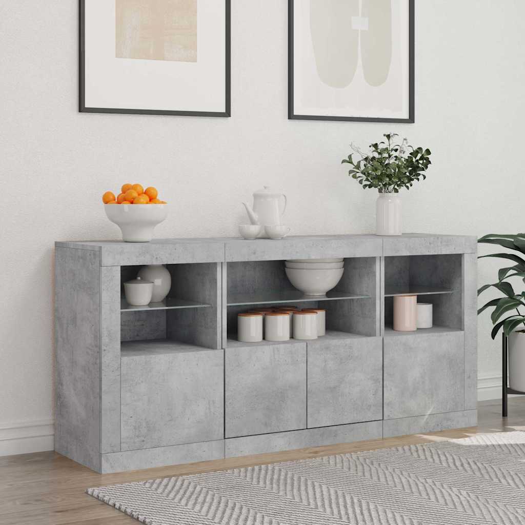betonszürke tálalószekrény LED-világítással 142,5 x 37 x 67 cm