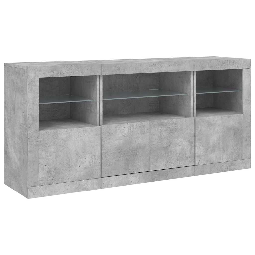 betonszürke tálalószekrény LED-világítással 142,5 x 37 x 67 cm