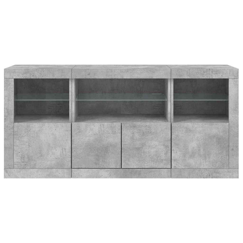 betonszürke tálalószekrény LED-világítással 142,5 x 37 x 67 cm