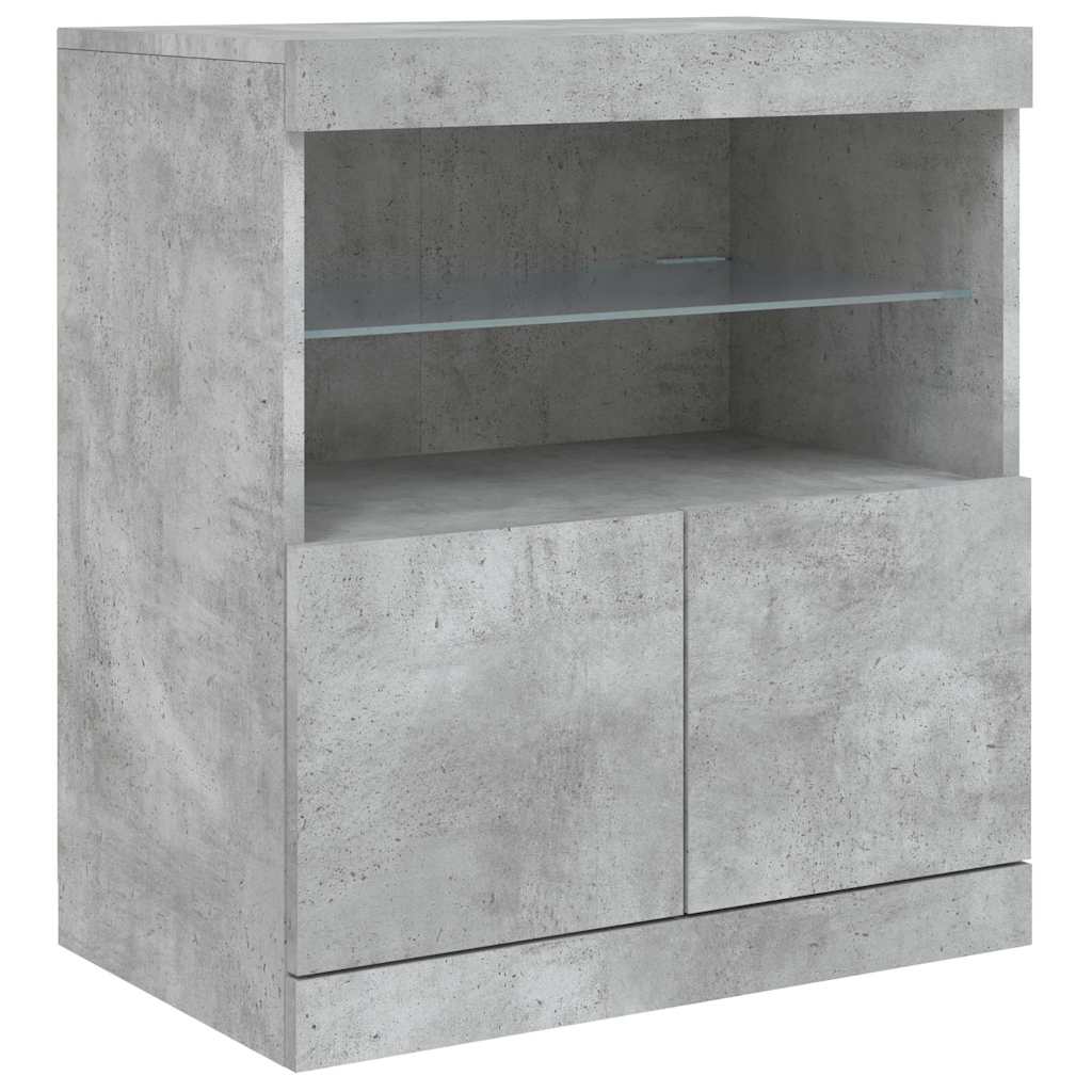 betonszürke tálalószekrény LED-világítással 142,5 x 37 x 67 cm