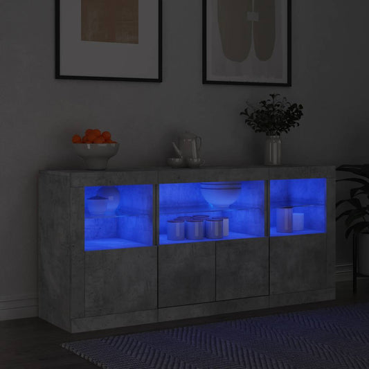 betonszürke tálalószekrény LED-világítással 142,5 x 37 x 67 cm