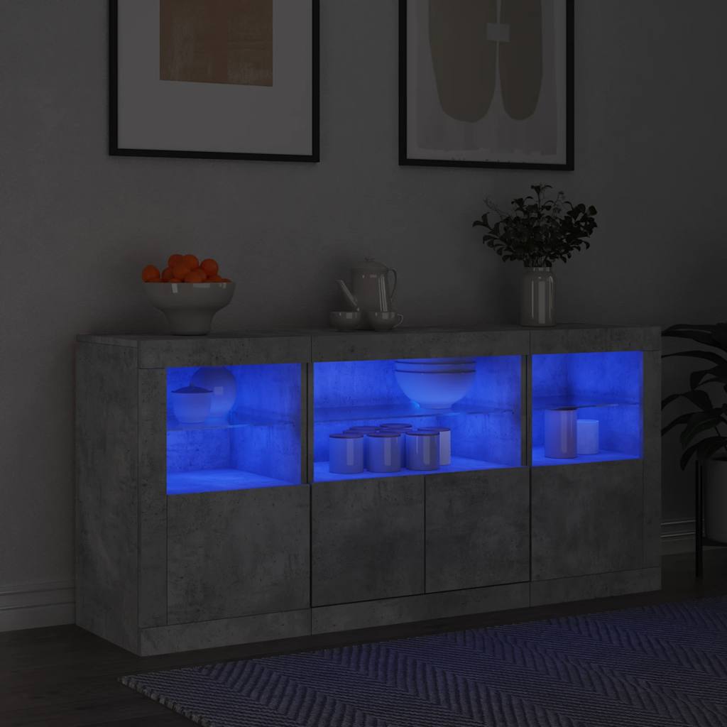 betonszürke tálalószekrény LED-világítással 142,5 x 37 x 67 cm