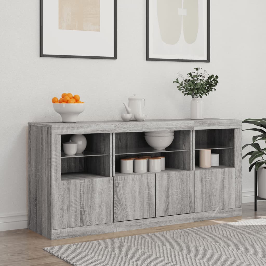 szürke sonoma tálalószekrény LED-világítással 142,5x37x67 cm