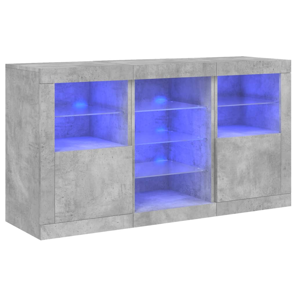 betonszürke tálalószekrény LED-világítással 123 x 37 x 67 cm