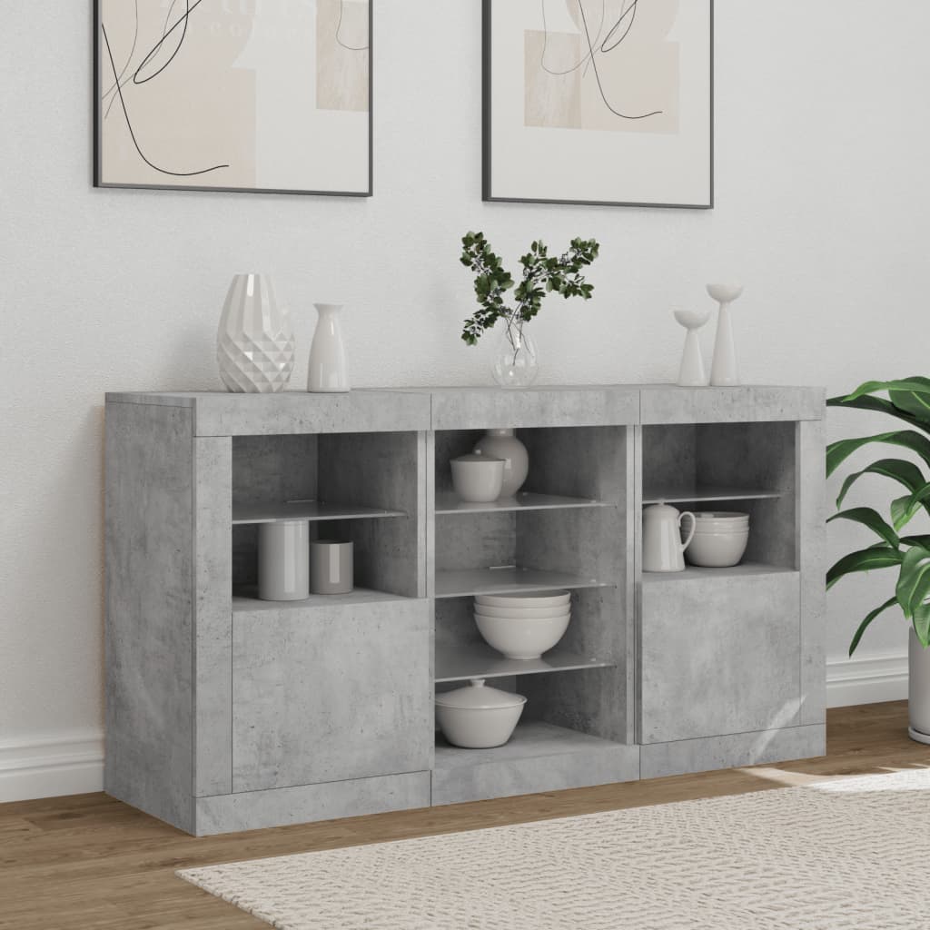 betonszürke tálalószekrény LED-világítással 123 x 37 x 67 cm