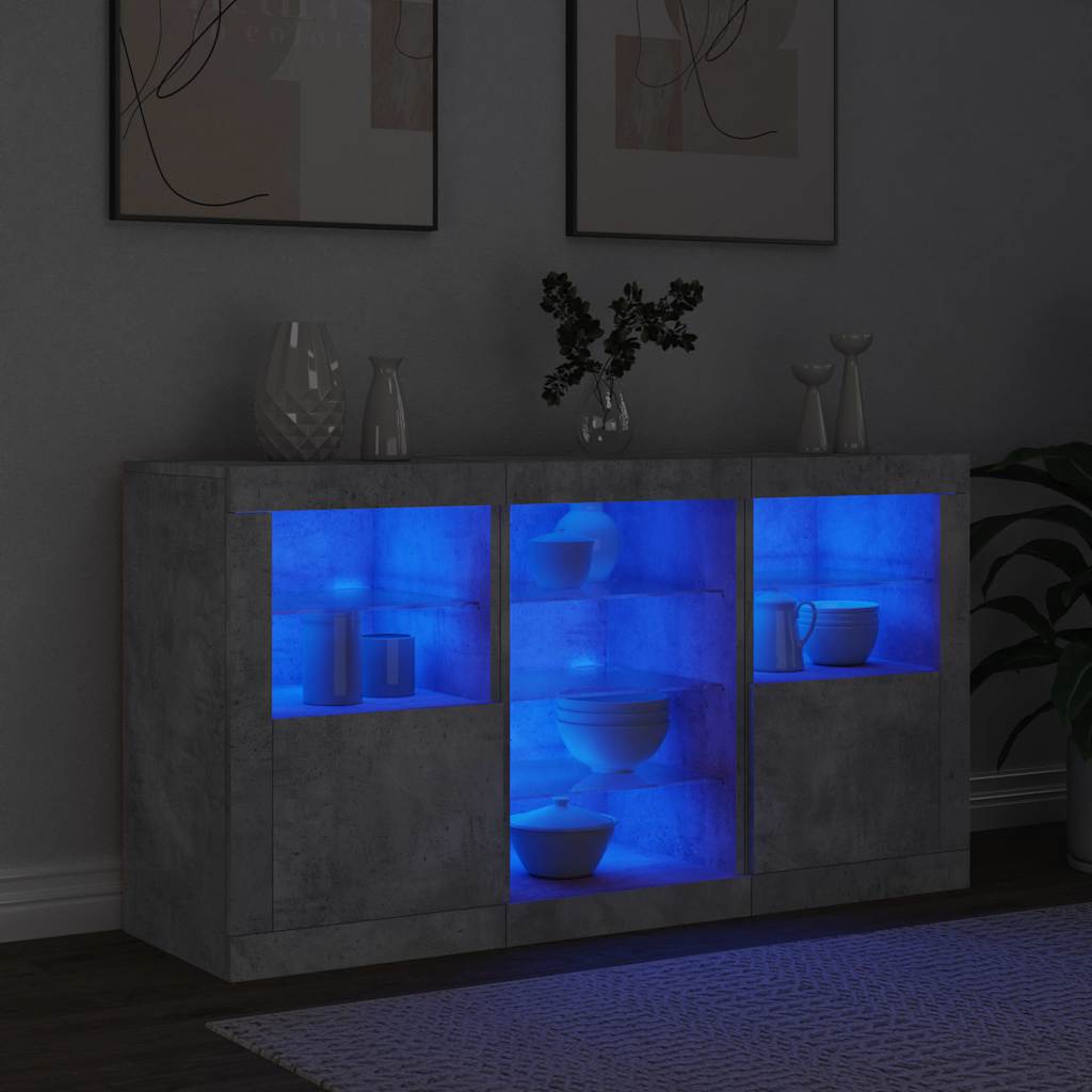 betonszürke tálalószekrény LED-világítással 123 x 37 x 67 cm