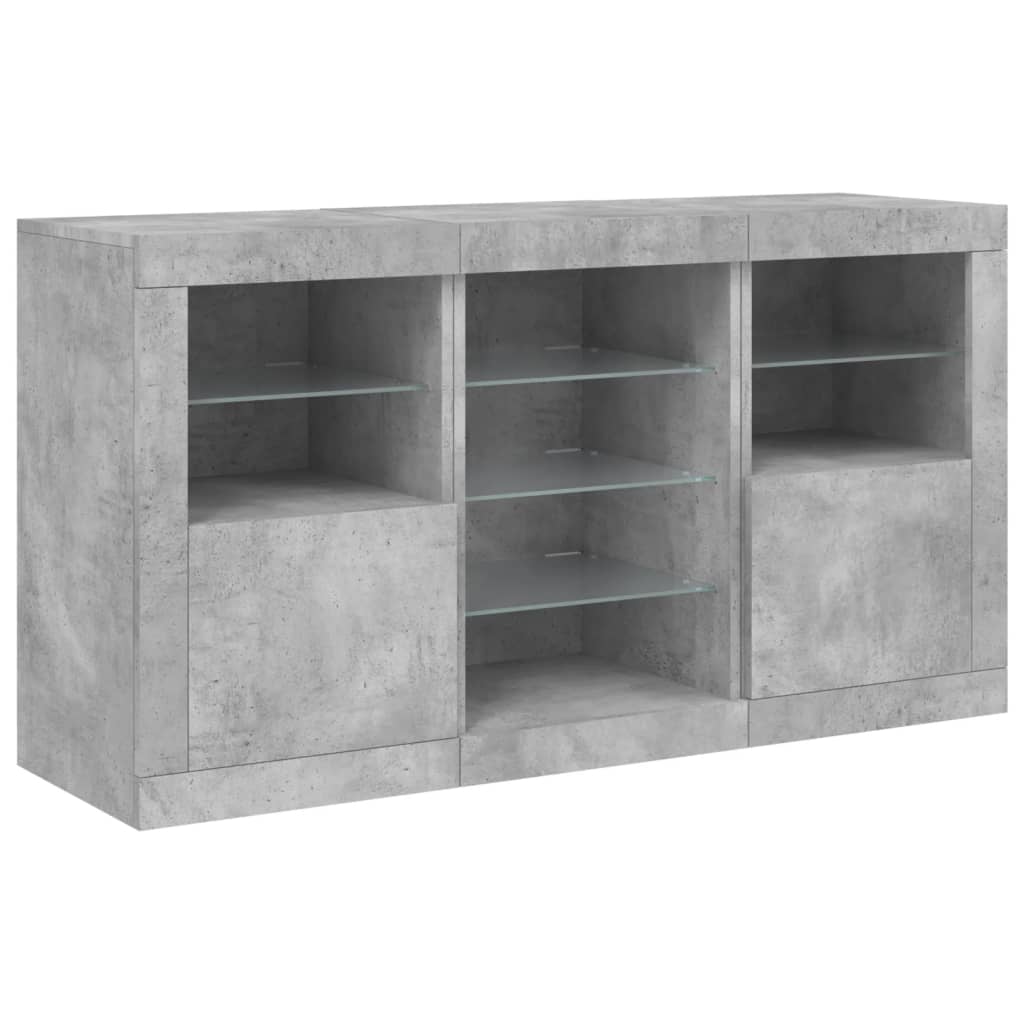 betonszürke tálalószekrény LED-világítással 123 x 37 x 67 cm