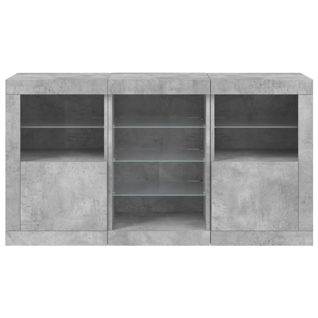 betonszürke tálalószekrény LED-világítással 123 x 37 x 67 cm