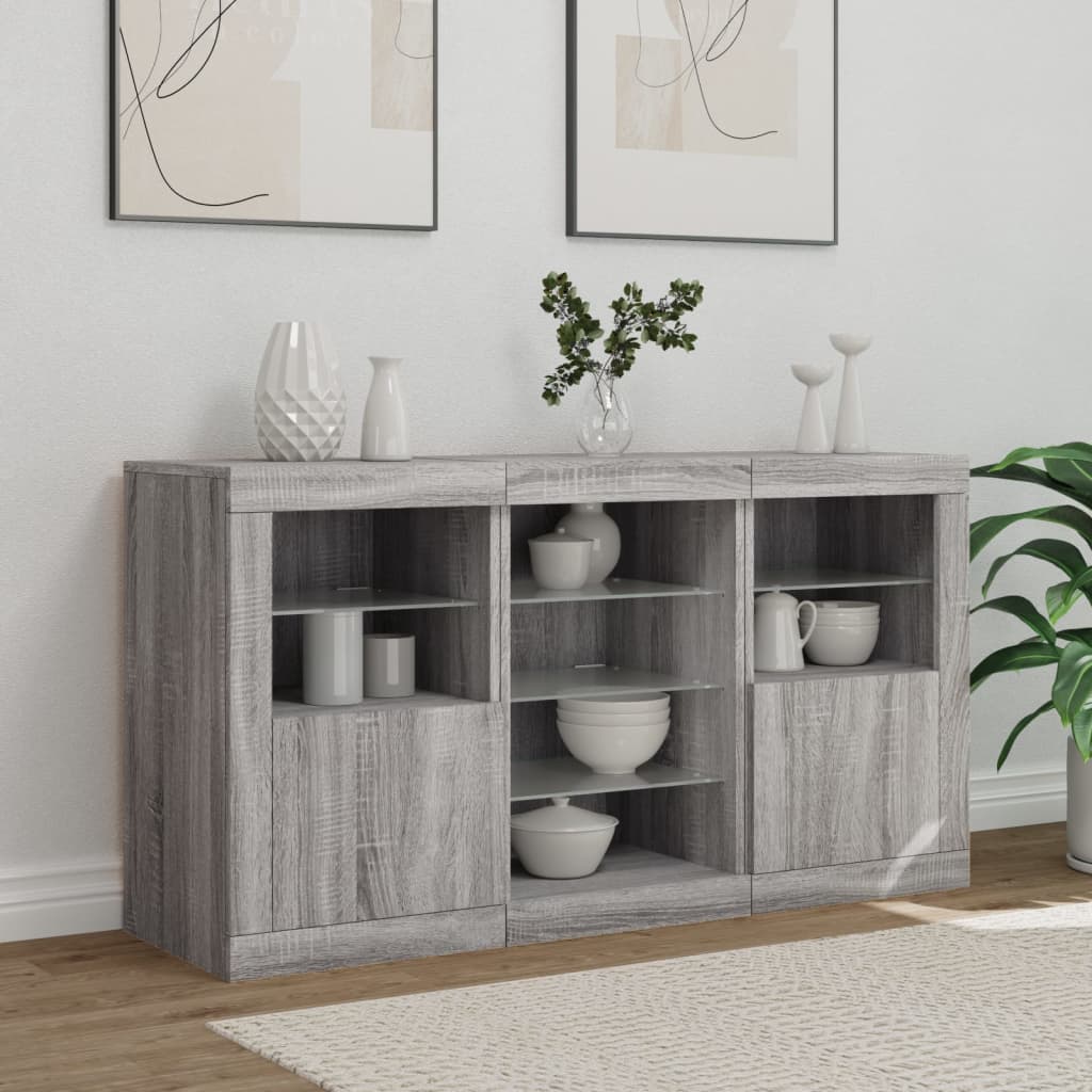 szürke sonoma tálalószekrény LED-világítással 123 x 37 x 67 cm