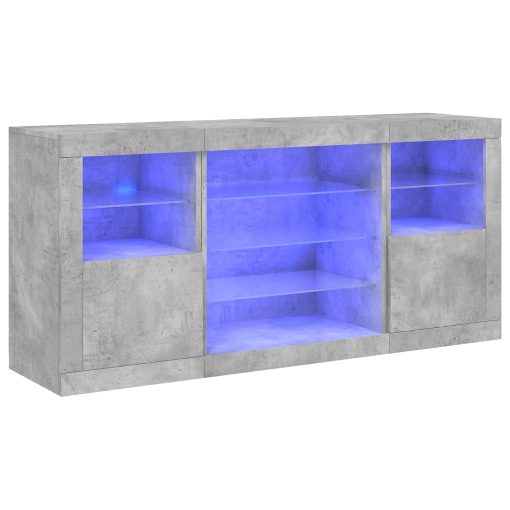 betonszürke tálalószekrény LED-világítással 142,5 x 37 x 67 cm