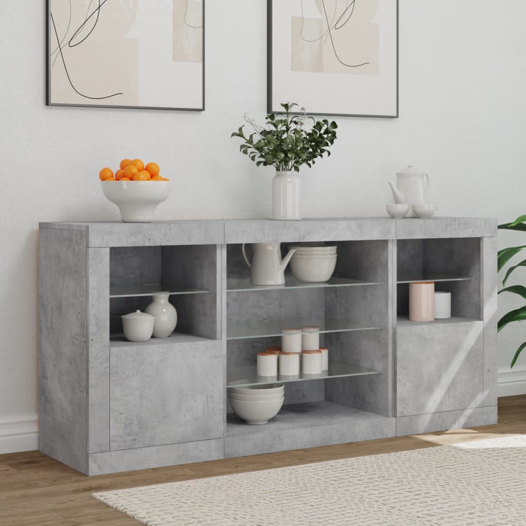betonszürke tálalószekrény LED-világítással 142,5 x 37 x 67 cm