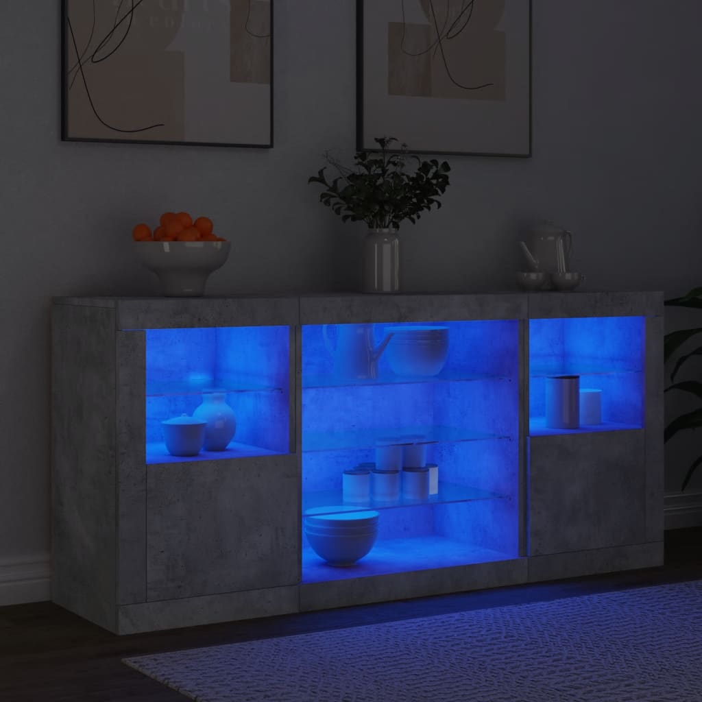 betonszürke tálalószekrény LED-világítással 142,5 x 37 x 67 cm