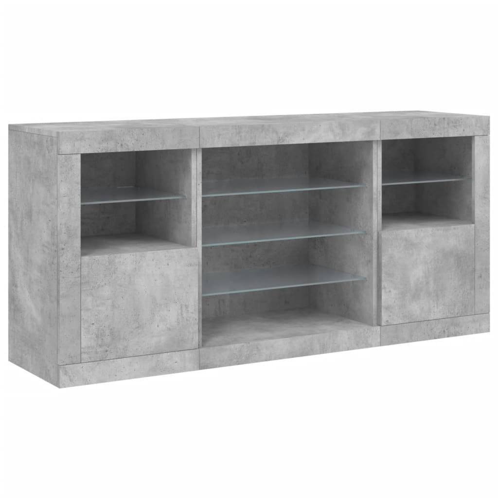 betonszürke tálalószekrény LED-világítással 142,5 x 37 x 67 cm