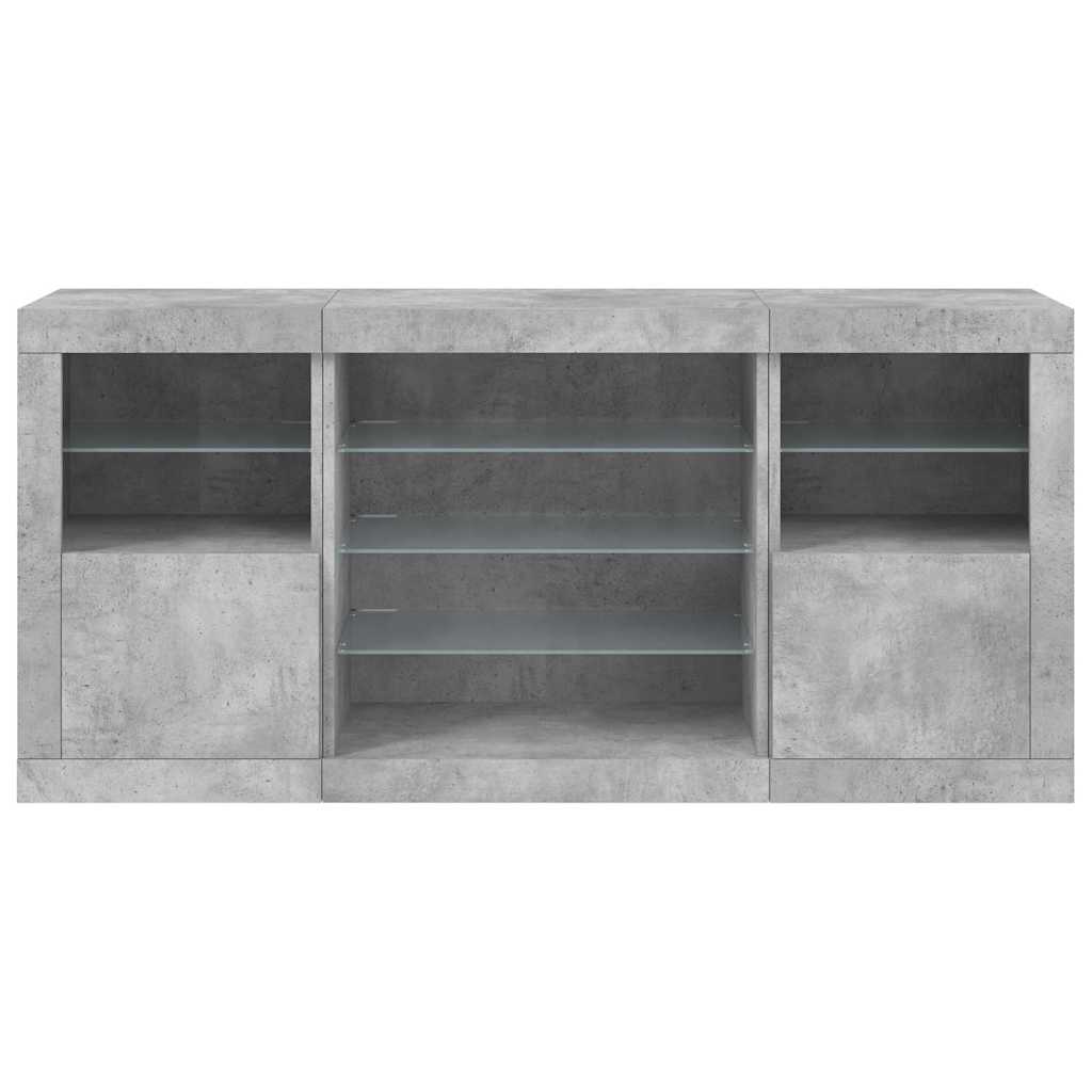 betonszürke tálalószekrény LED-világítással 142,5 x 37 x 67 cm