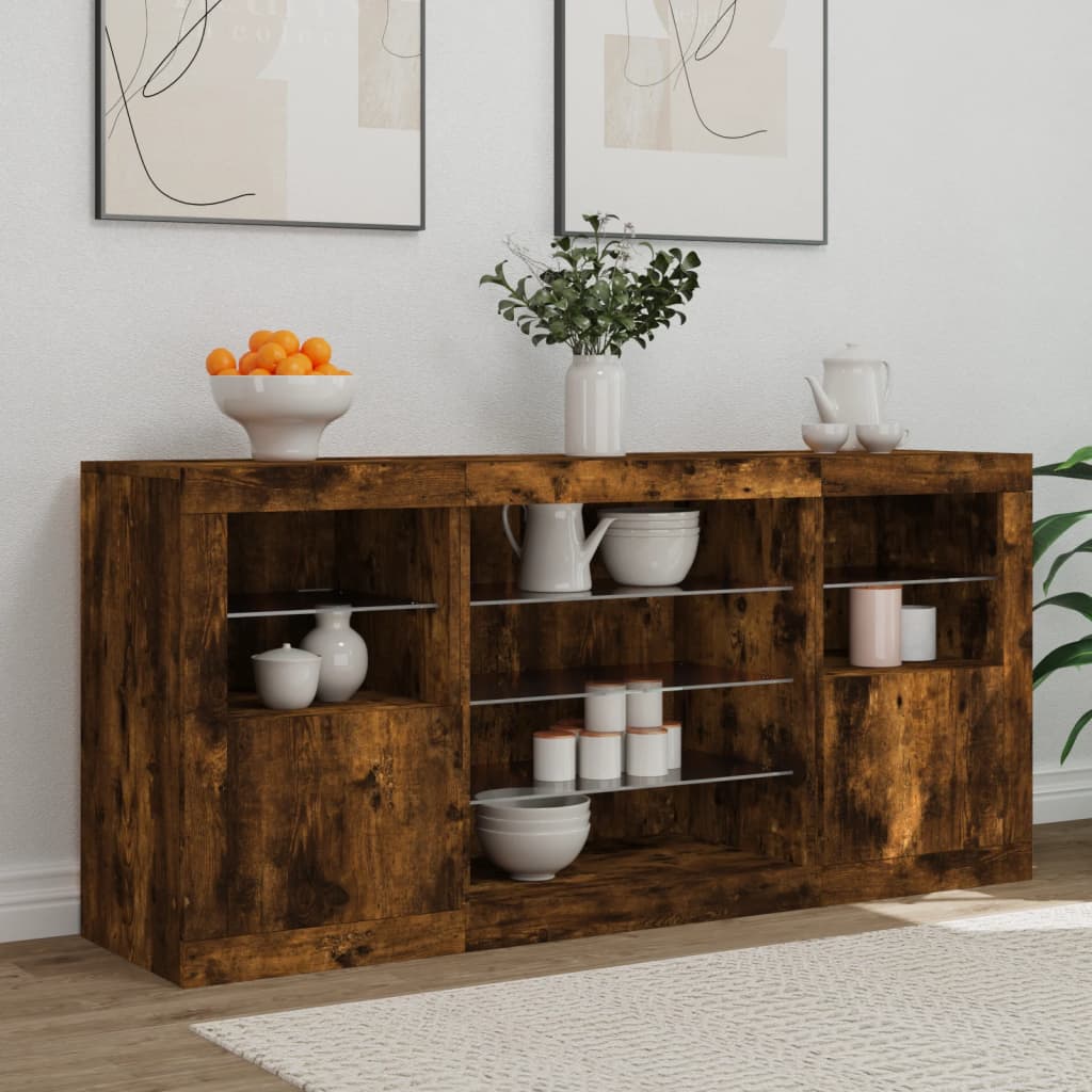 füstös tölgy színű tálalószekrény LED-ekkel 142,5 x 37 x 67 cm