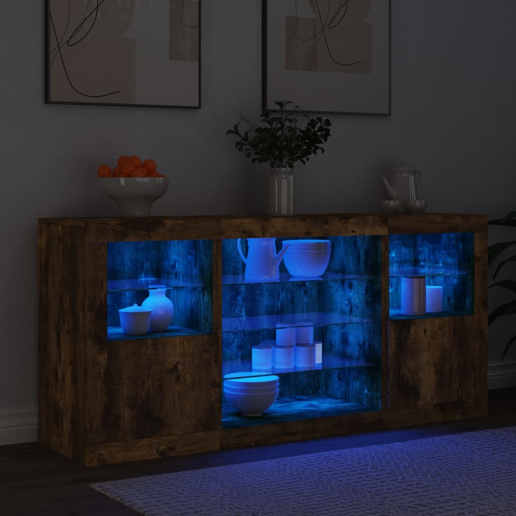 füstös tölgy színű tálalószekrény LED-ekkel 142,5 x 37 x 67 cm