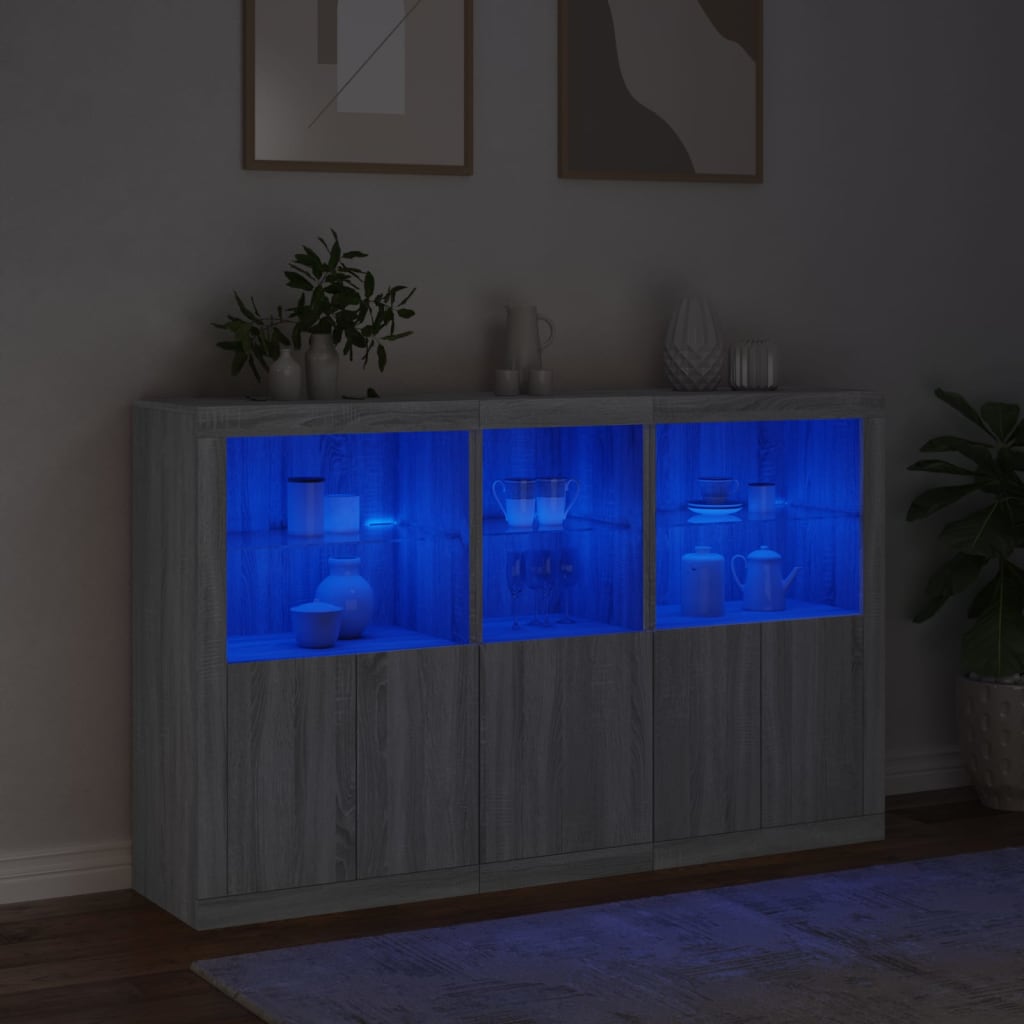 szürke sonoma színű tálalószekrény LED-ekkel 162 x 37 x 100 cm