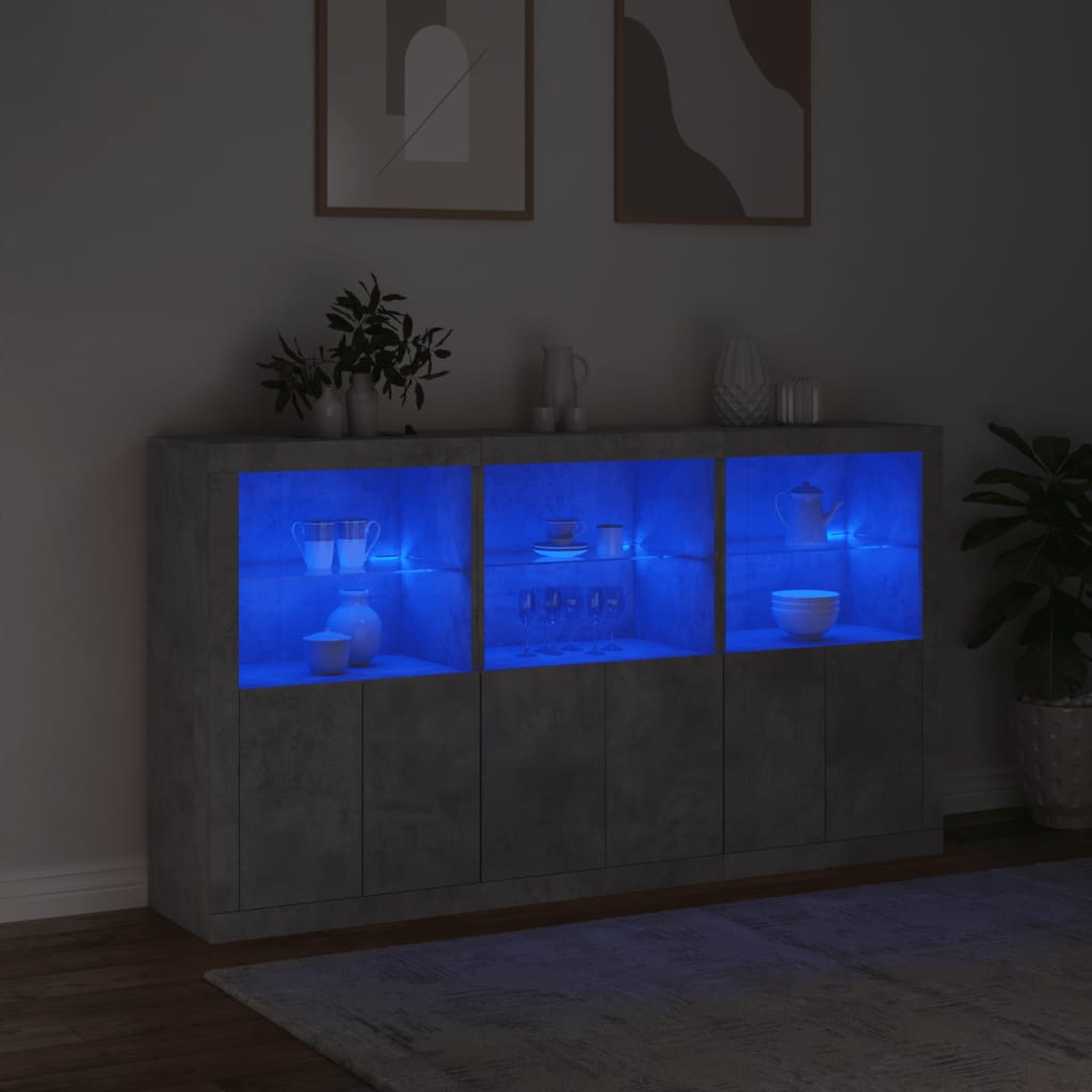 betonszürke tálalószekrény LED-világítással 181,5 x 37 x 100 cm