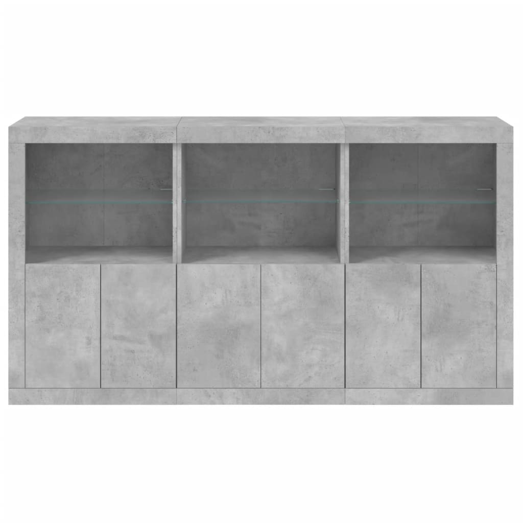 betonszürke tálalószekrény LED-világítással 181,5 x 37 x 100 cm