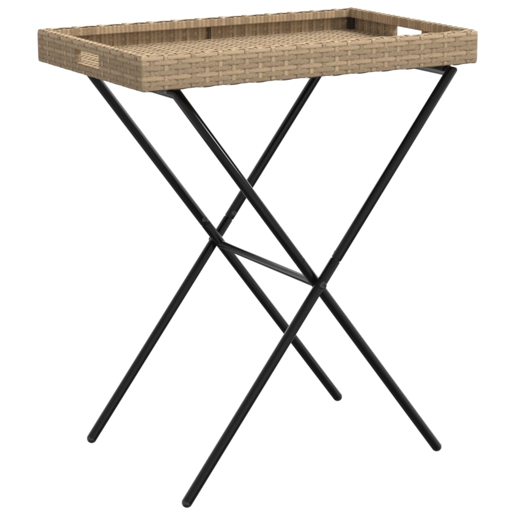bézs összecsukható polyrattan tálcaasztal 65 x 40 x 75 cm
