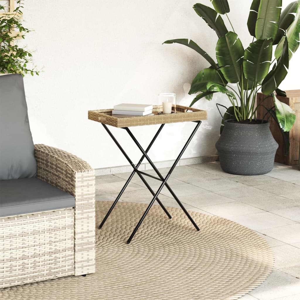 bézs összecsukható polyrattan tálcaasztal 65 x 40 x 75 cm