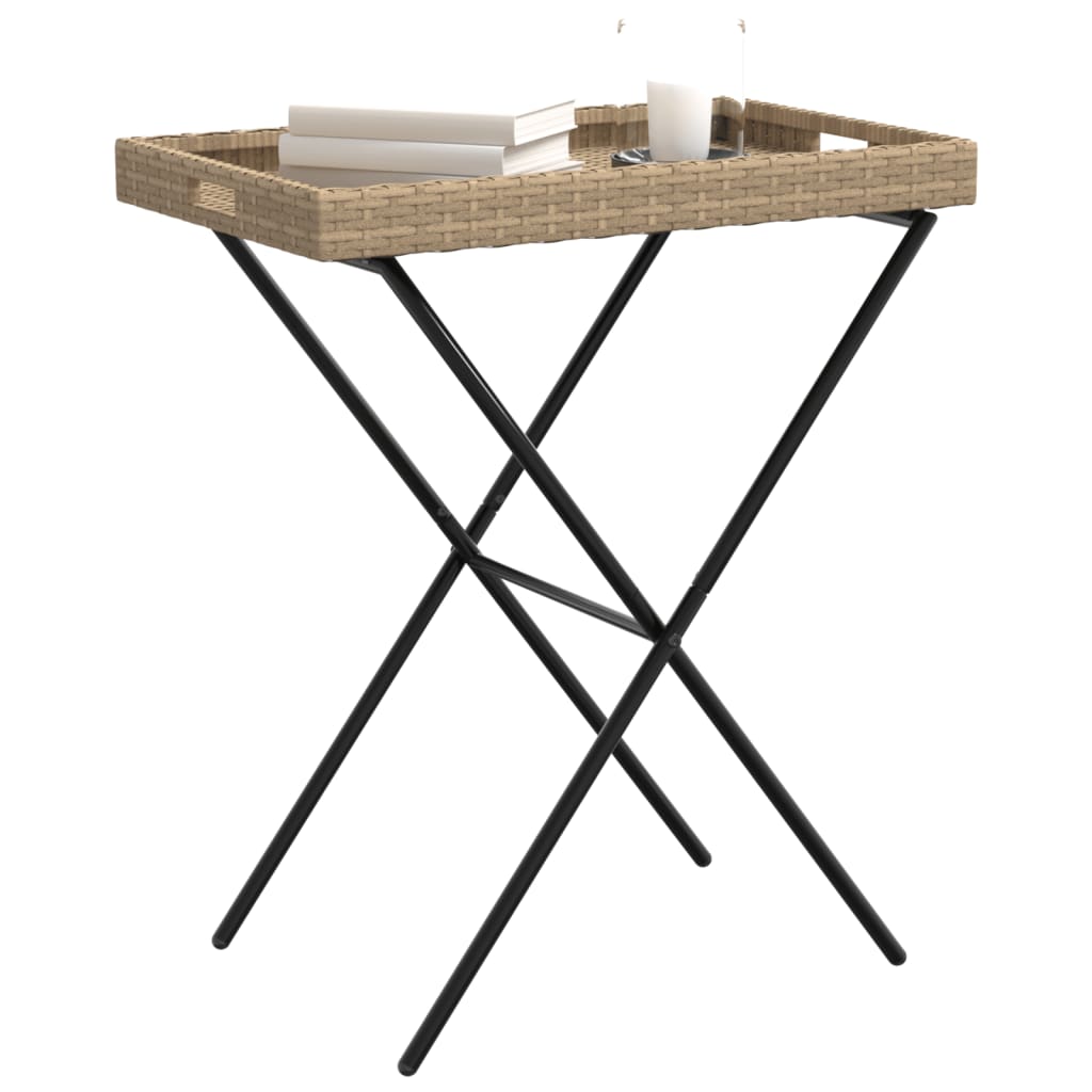 bézs összecsukható polyrattan tálcaasztal 65 x 40 x 75 cm