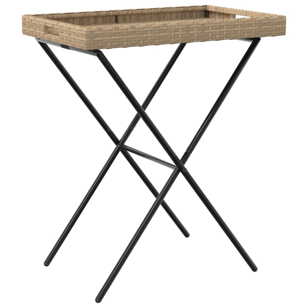 bézs összecsukható polyrattan tálcaasztal 65 x 40 x 75 cm