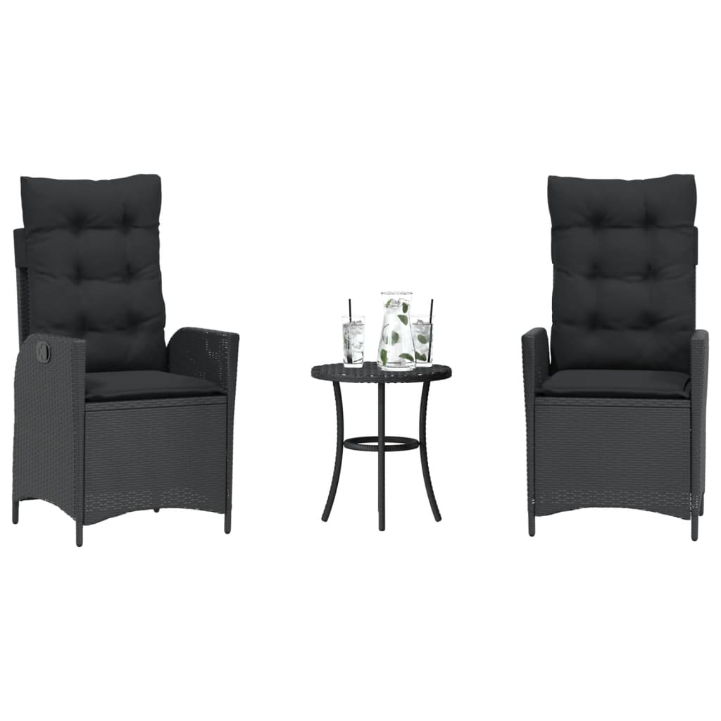 3 részes fekete polyrattan bisztrógarnitúra párnával