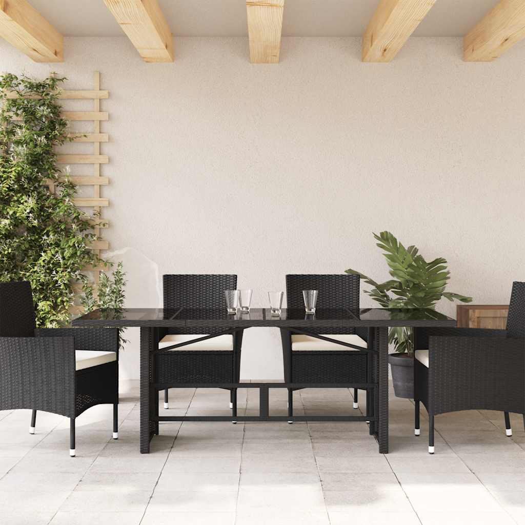 fekete polyrattan üveglapos kerti asztal 190x80x74 cm