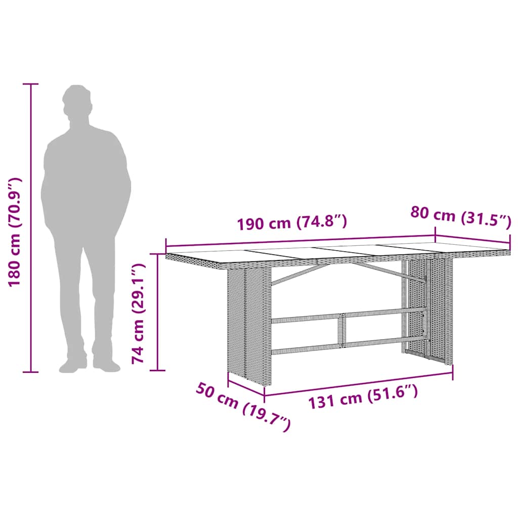 fekete polyrattan üveglapos kerti asztal 190x80x74 cm