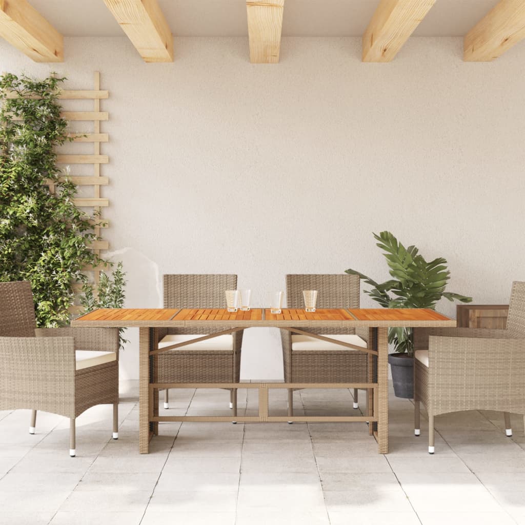 bézs polyrattan akácfa lapos kerti asztal 190 x 80 x 74 cm