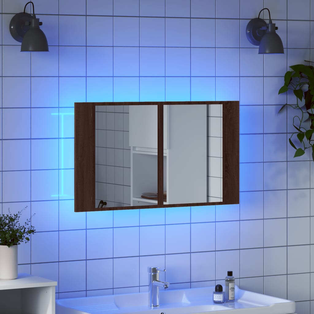 barna tölgy akril LED-es tükrös fürdőszobaszekrény 80x12x45 cm