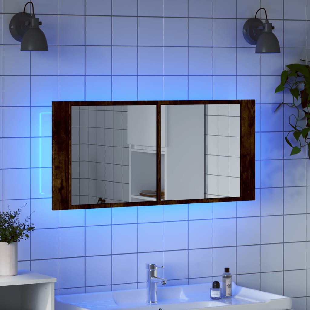 füstös tölgy színű LED-es tükrös fürdőszobaszekrény 100x12x45cm